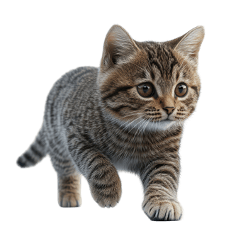 Small tabby kitten exploring its surroundings with curiosity in a bright, clean setting isolated on transparent background. png