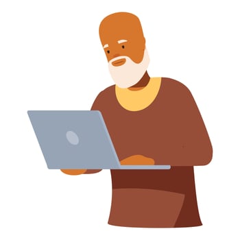 Elderly black man using laptop, modern senior embracing technology vector