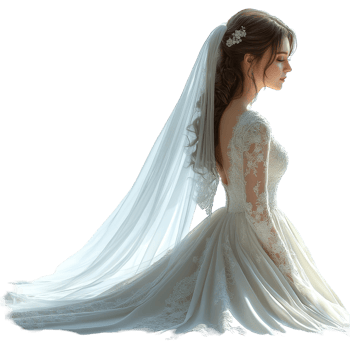 Bride in elegant wedding dress with flowing veil captured in soft light during pre-ceremony moments isolated on transparent background. png