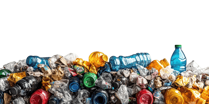 Pile of crushed plastic bottles and waste isolated on transparent background png