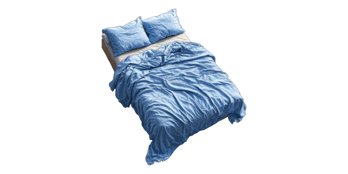 Blue crumpled bed set with pillows isolated on transparent background png
