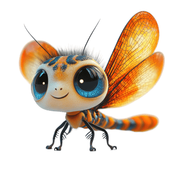 Cute cartoon dragonfly with vibrant wings and large eyes poses cheerfully on a white background isolated on transparent background. png