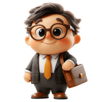 Charming cartoon character in a suit with glasses and a briefcase, showcasing a friendly demeanor in a professional setting isolated on transparent background. png