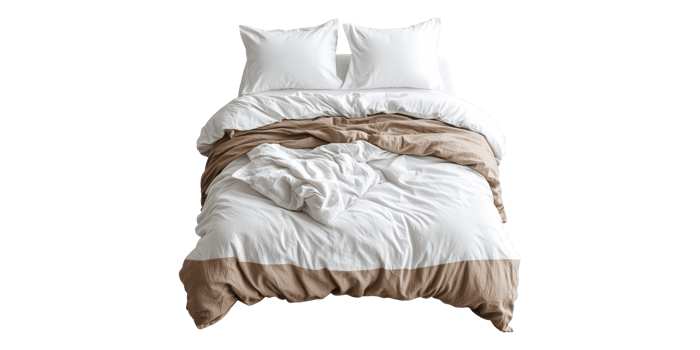 Cozy bed with two pillows and crumpled blanket isolated on transparent background png