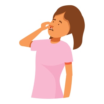Young woman picking nose with blood, suffering from epistaxis vector