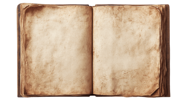 Aged leather bound book open to blank pages png