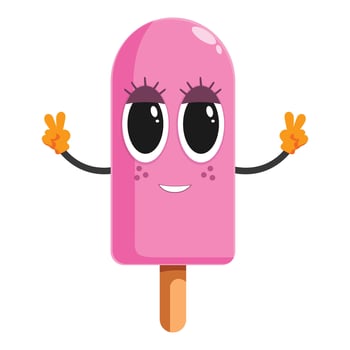 Pink ice cream cartoon character making victory sign with both hands vector