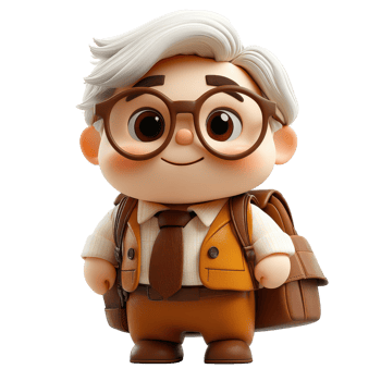 Cute animated character with glasses and brown bags in a playful pose, exuding a sense of adventure and curiosity isolated on transparent background. png