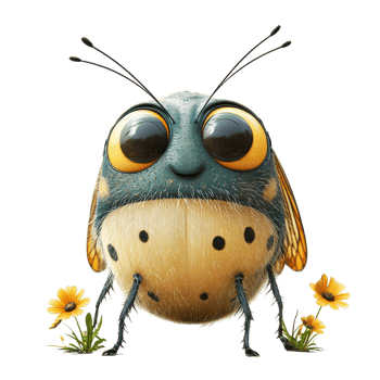 Cute cartoon insect character with big eyes surrounded by flowers in a whimsical garden setting isolated on transparent background. png