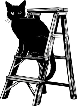 Black Cat Silhouette on Wooden Ladder for Coloring Books and Tattoos vector