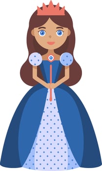 Cartoon Princess Illustration in Blue Dress with Red Crown for Children's Books and Crafts vector