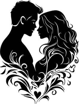 Romantic Couple Silhouette Embracing with Heart Design vector