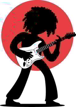 Silhouette Electric Guitarist with Afro Playing Against Red Circle vector