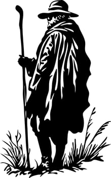 Silhouette of Ancient Wanderer Holding Staff in Rural Landscape Art vector