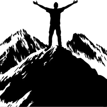 Silhouette of Triumphant Hiker on Mountain Summit Art vector