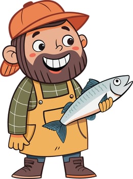 Smiling Cartoon Fisherman Holding Fish Illustration for Marine Themed Designs vector