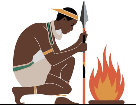 Traditional Hunter Kneeling by Campfire with Spear in Thoughtful Pose vector