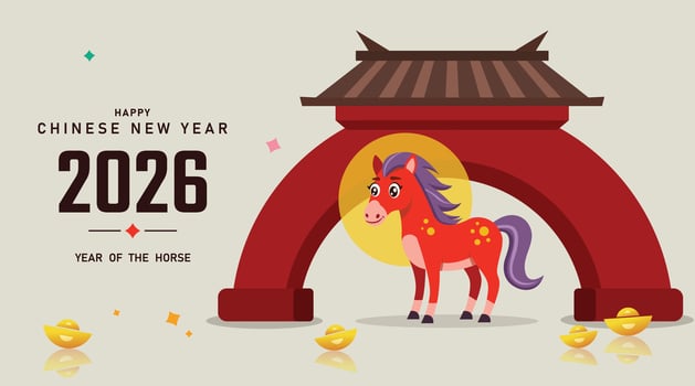 Chinese New Year 2026 illustration of Year of Horse cover, poster and sale banner. Chinese zodiac Horse symbol. illustration for cover, banner, website, envelope. vector