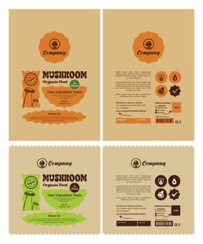 Modern organic mushroom supplement Label, eco-friendly style with hand-drawn illustrations, Stand up pouch bag for food packaging, branding, and health products. vector