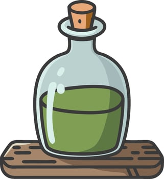 Vintage Glass Potion Bottle with Green Liquid and Cork Top on Wooden Base Art vector