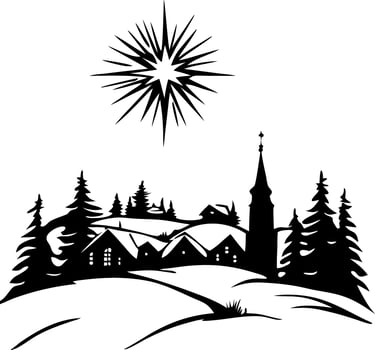 Winter Night Village Silhouette with Starry Sky for Christmas Decor vector