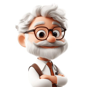 Friendly animated doctor character with glasses and white beard wearing a shirt and tie isolated on transparent background. png
