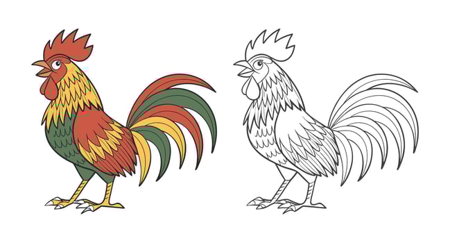 Rooster. Cute farm poultry. Illustration and Coloring Page. Coloring book for children and adults. vector