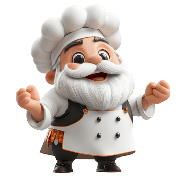 Happy chef cartoon character in a kitchen preparing delicious meals with enthusiasm isolated on transparent background. png
