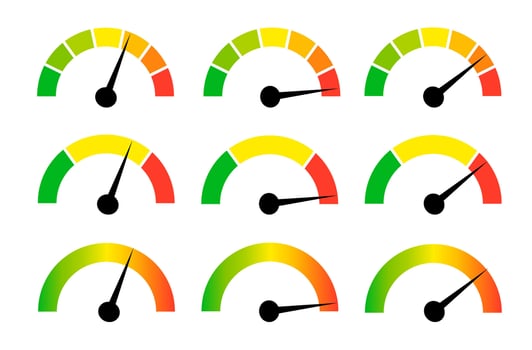 Speedometer gauge meter icons. scale, level of performance. Speed indicator .Infographic of risk, gauge, score progress vector