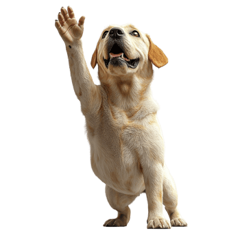 Happy dog raising its paw in a playful gesture indoors during daylight isolated on transparent background. png