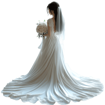 Bride in elegant white gown holding bouquet with intricate lace detailing during wedding preparations isolated on transparent background. png