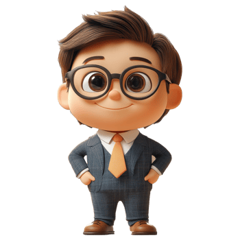 Cheerful cartoon character with glasses dressed in a suit standing confidently in a playful pose isolated on transparent background. png