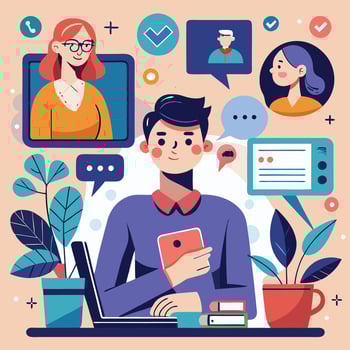 people working on laptops and phones with social icons white background vector