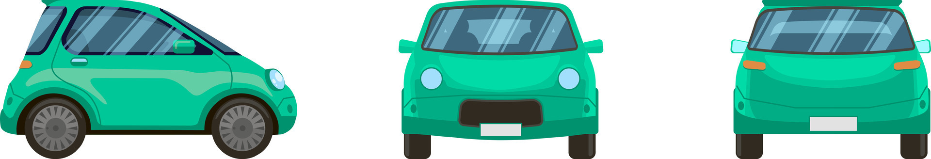 Three views of a green compact car, showcasing its front, side, and rear perspectives, provide a comprehensive visual representation of the vehicle's design and features vector