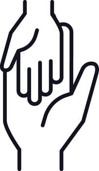 Minimalist line art icon of two hands holding each other, symbolizing love, affection, support, kindness, help, togetherness, and empathy vector