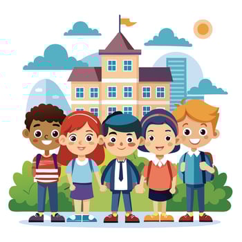 school children with school bag and school building illustration vector