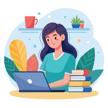 a woman is sitting at a desk with a laptop and books white background vector
