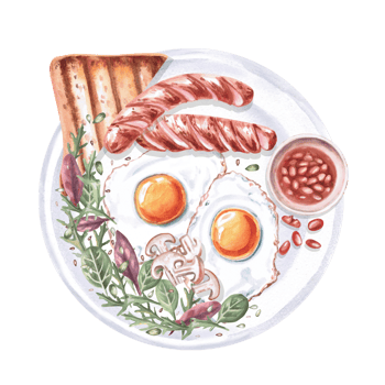 Plate with breakfast -sausages, toast, mushrooms, beans, eggs, greens. Isolated watercolor illustration on the theme of food for the design of a cookbook, restaurant menu, gastronomic magazines. png