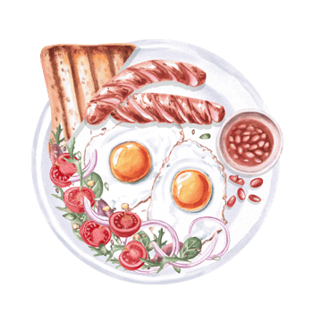 Plate with English breakfast - sausages, toast, tomatoes, beans, fried eggs, greens. Isolated watercolor illustration on the theme of food for the design of a cookbook, restaurant menu, png