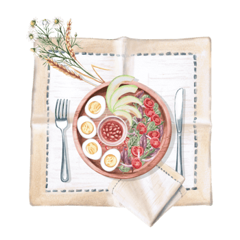 Composition with rustic served breakfast. Isolated watercolor illustration on food theme for cookbook design, restaurant menu, gastronomic magazines. png