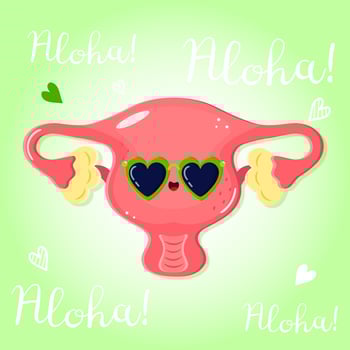 Cartoon Uterus wearing sunglasses saying Aloha on a green background. vector