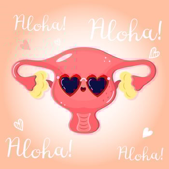 Cartoon Uterus wearing sunglasses saying Aloha on a pink background. vector