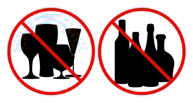 Prohibited alcohol consumption signs. illustration of bottles of drinks and glasses with red prohibition circle, symbolizing no drinking allowed vector