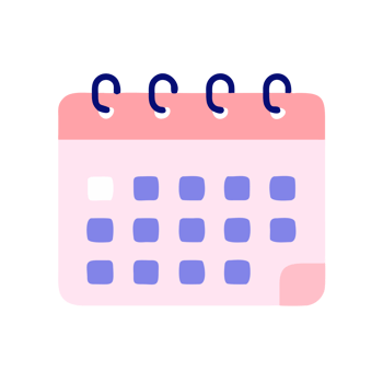 A stylized calendar with a pink header and blue square dates is designed with bold black binder rings. cutouts png