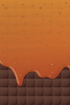 Melt salted caramel syrup pouring on chocolate bar pattern vertical background graphic illustration. vector