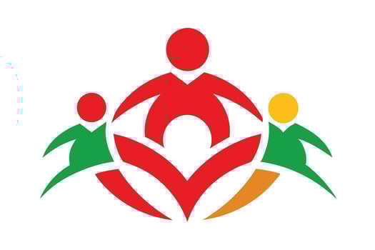 Logo design, stylized human figures, abstract shapes, red green and orange colors, unity symbol, community icon, vector