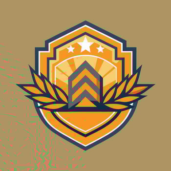 Logo design, shield emblem, orange and blue color scheme, chevron symbol, three stars, laurel wreath, geometric shapes, retro style, flat design, military insignia insp vector