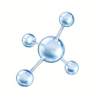 Transparent collagen molecule structure realistic illustration. Rotating chemical model from spheres 3d object on white background vector