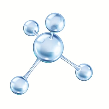 Collagen molecule structure from spheres realistic illustration. Blue protein structural network 3d object on white background vector