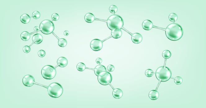 Collagen molecules floating realistic color icons set. Protein dynamics in scientific research and cosmetics 3d objects bundle on green vector